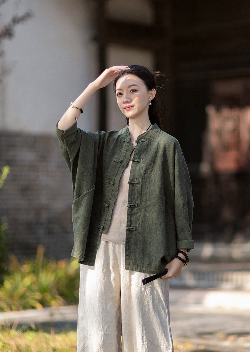 Tao One Tech™ • Watercolour Qigong Cardigan Shirt Jacket • Tie-Dye • Butterfly Bat Sleeves • Ramie Cotton