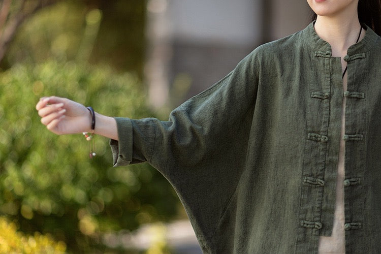 Tao One Tech™ • Watercolour Qigong Cardigan Shirt Jacket • Tie-Dye • Butterfly Bat Sleeves • Ramie Cotton