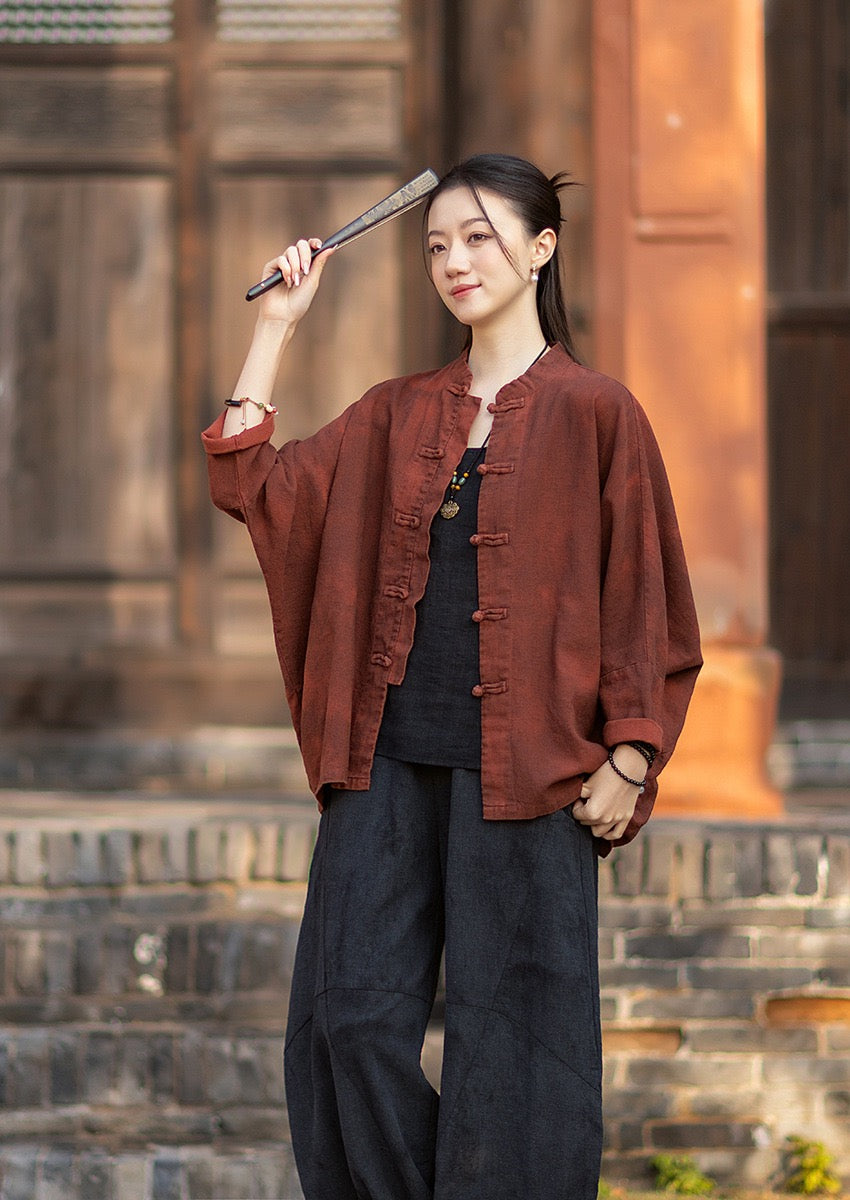 Tao One Tech™ • Watercolour Qigong Cardigan Shirt Jacket • Tie-Dye • Butterfly Bat Sleeves • Ramie Cotton