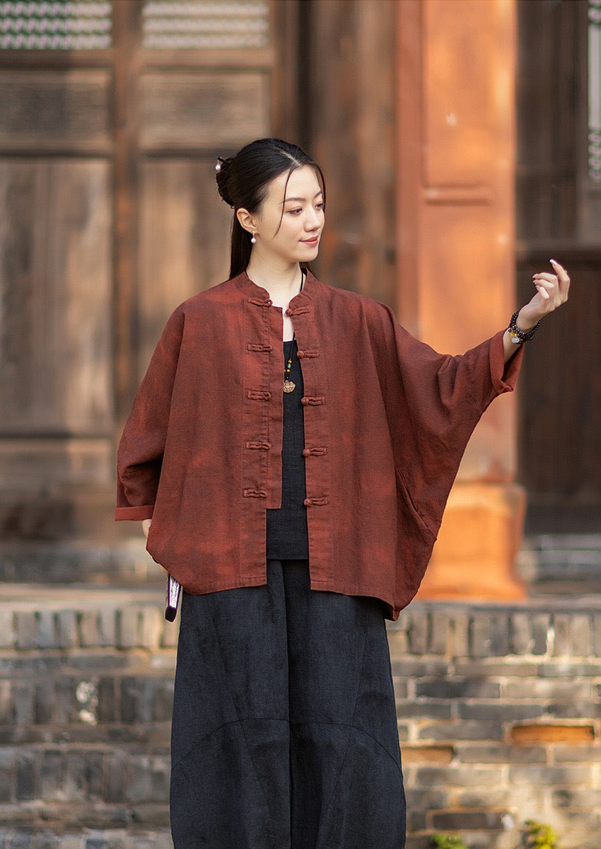 Tao One Tech™ • Watercolour Qigong Cardigan Shirt Jacket • Tie-Dye • Butterfly Bat Sleeves • Ramie Cotton