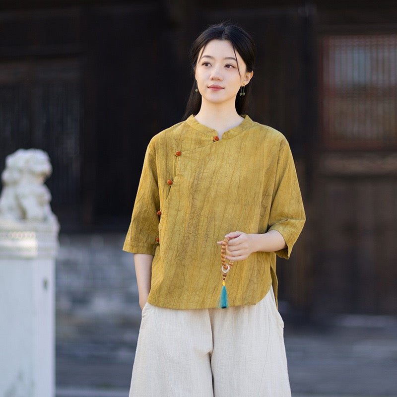 Tao One Tech™ • Watercolour Gradient Qigong Shirt • Nine-Quarter Sleeves • Tie-Dye Folds • Ramie Cotton