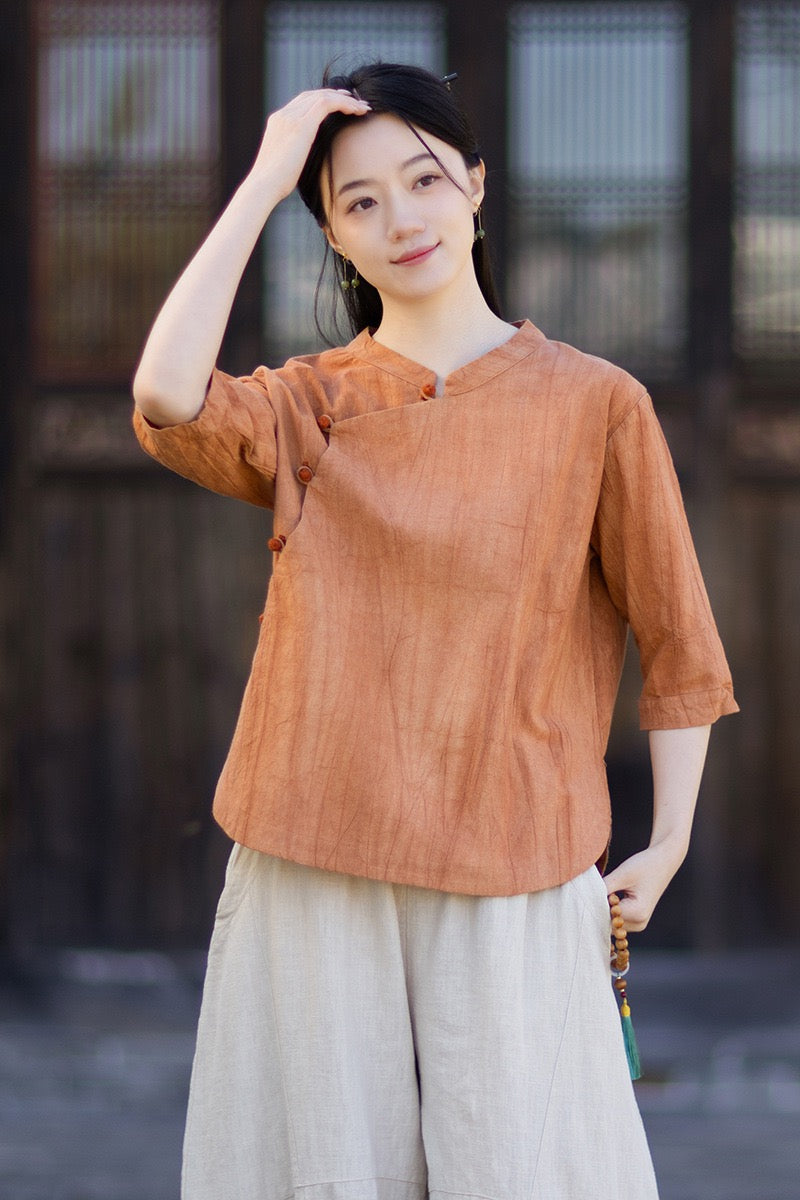 Tao One Tech™ • Watercolour Gradient Qigong Shirt • Nine-Quarter Sleeves • Tie-Dye Folds • Ramie Cotton