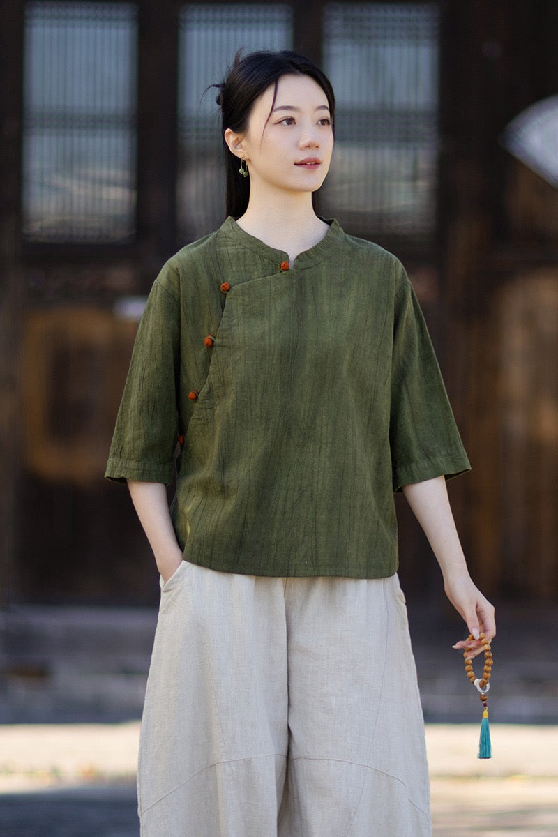 Tao One Tech™ • Watercolour Gradient Qigong Shirt • Nine-Quarter Sleeves • Tie-Dye Folds • Ramie Cotton