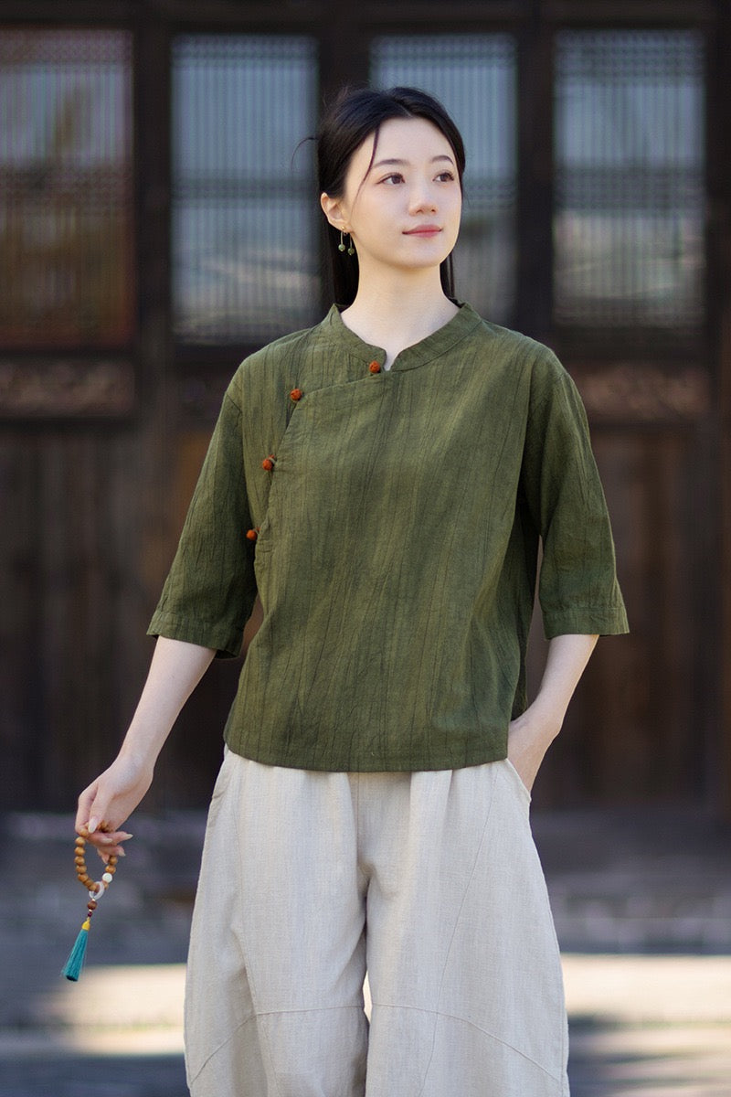 Tao One Tech™ • Watercolour Gradient Qigong Shirt • Nine-Quarter Sleeves • Tie-Dye Folds • Ramie Cotton