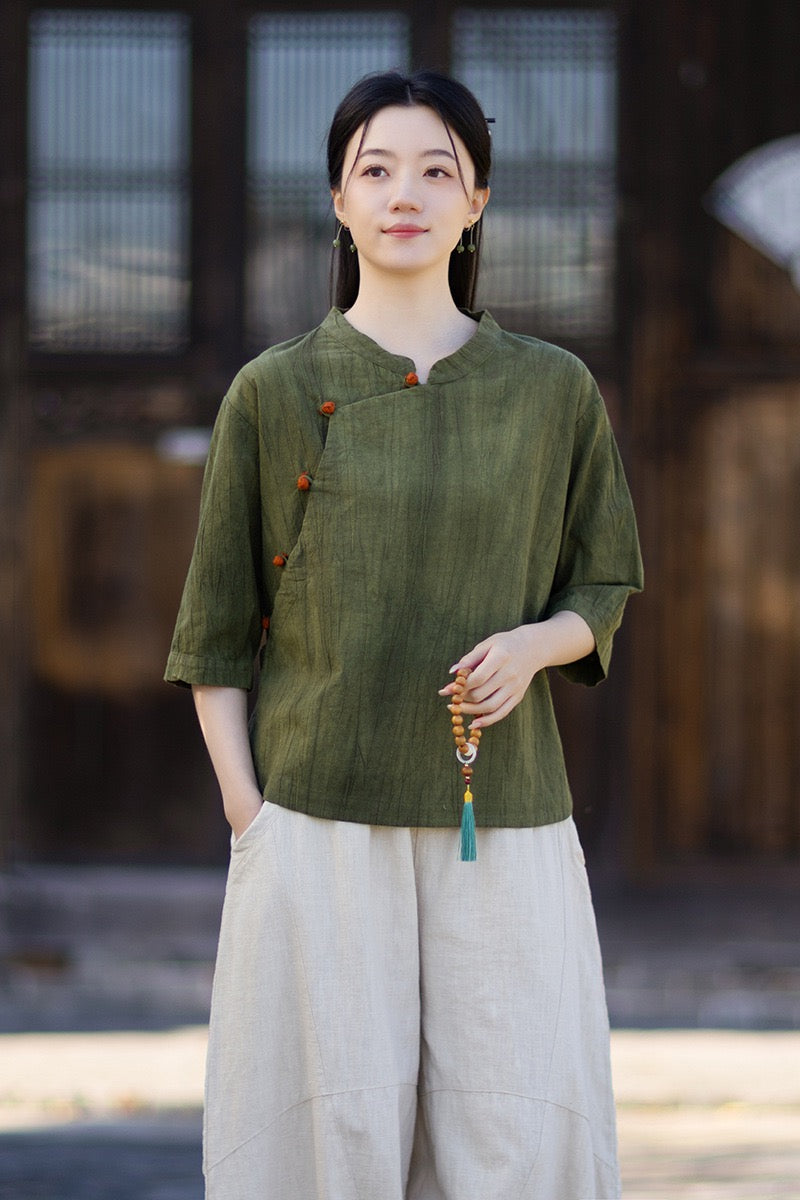 Tao One Tech™ • Watercolour Gradient Qigong Shirt • Nine-Quarter Sleeves • Tie-Dye Folds • Ramie Cotton