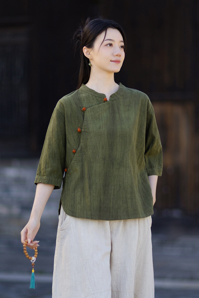 Tao One Tech™ • Watercolour Gradient Qigong Shirt • Nine-Quarter Sleeves • Tie-Dye Folds • Ramie Cotton