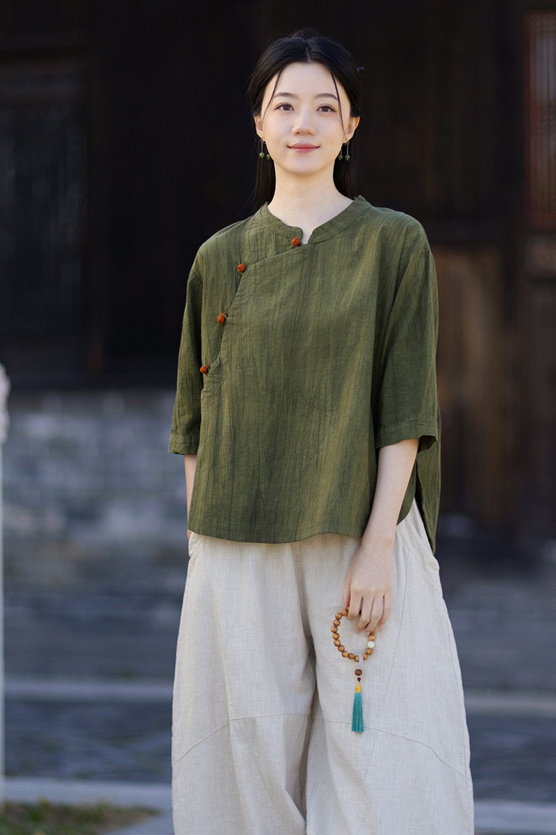 Tao One Tech™ • Watercolour Gradient Qigong Shirt • Nine-Quarter Sleeves • Tie-Dye Folds • Ramie Cotton
