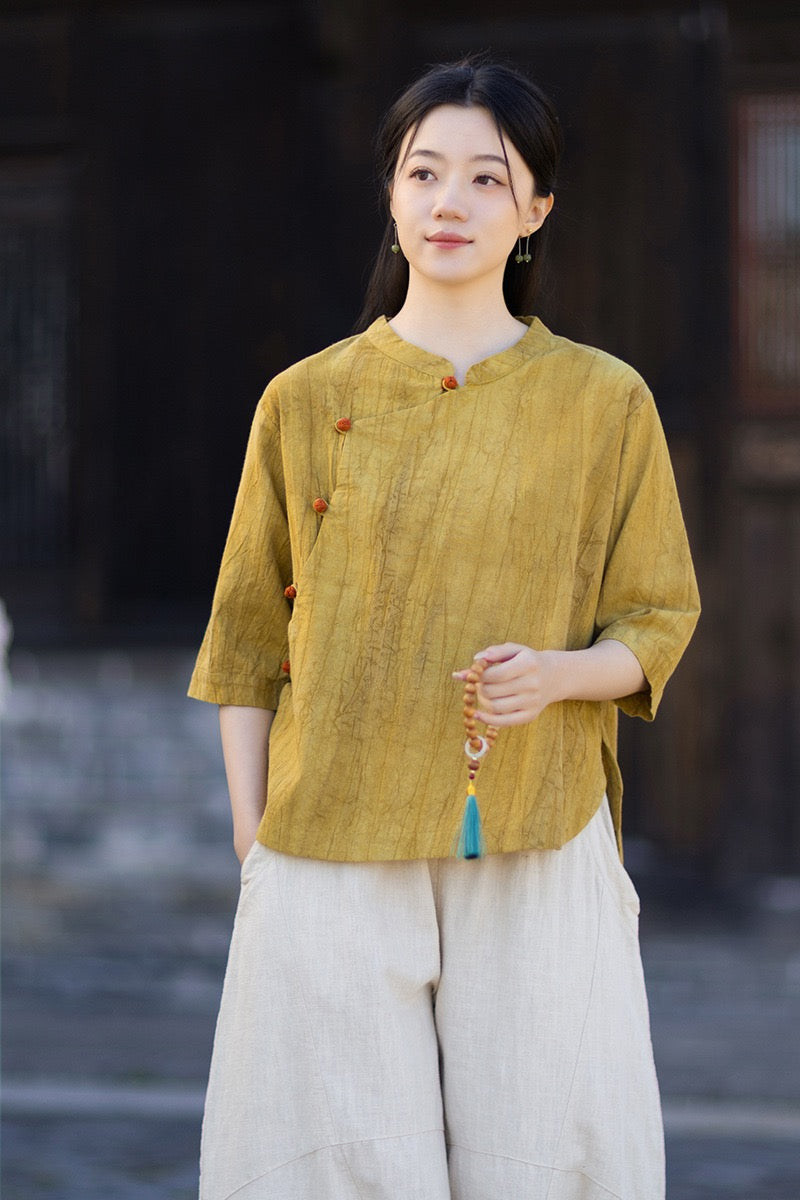 Tao One Tech™ • Watercolour Gradient Qigong Shirt • Nine-Quarter Sleeves • Tie-Dye Folds • Ramie Cotton