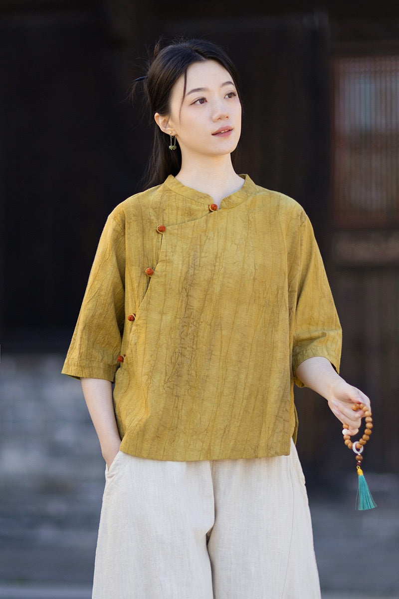 Tao One Tech™ • Watercolour Gradient Qigong Shirt • Nine-Quarter Sleeves • Tie-Dye Folds • Ramie Cotton