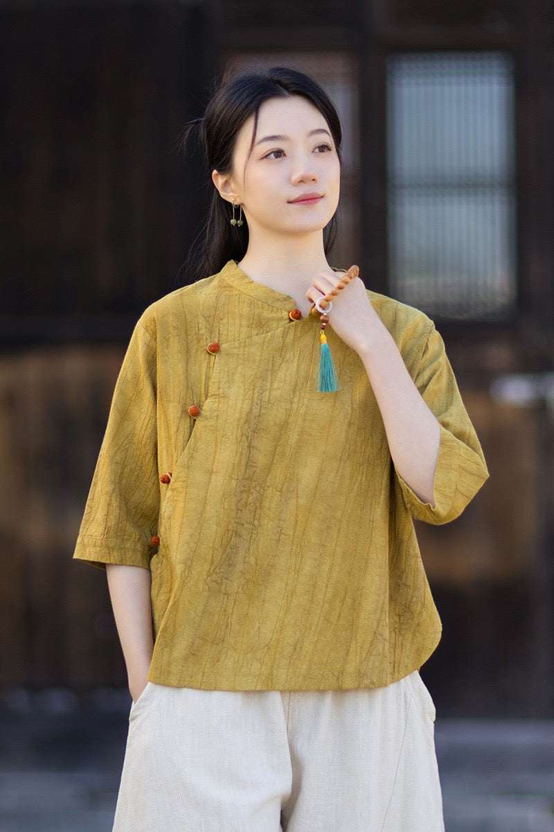Tao One Tech™ • Watercolour Gradient Qigong Shirt • Nine-Quarter Sleeves • Tie-Dye Folds • Ramie Cotton
