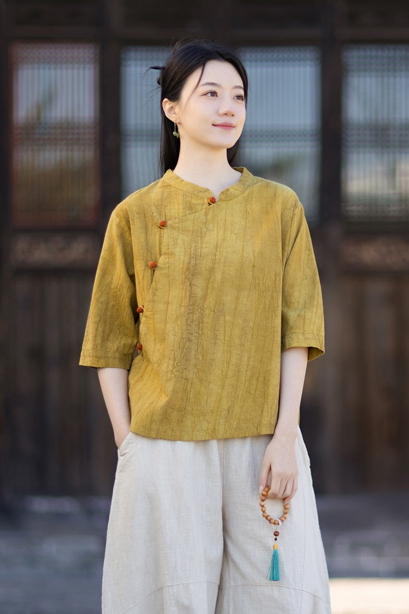 Tao One Tech™ • Watercolour Gradient Qigong Shirt • Nine-Quarter Sleeves • Tie-Dye Folds • Ramie Cotton