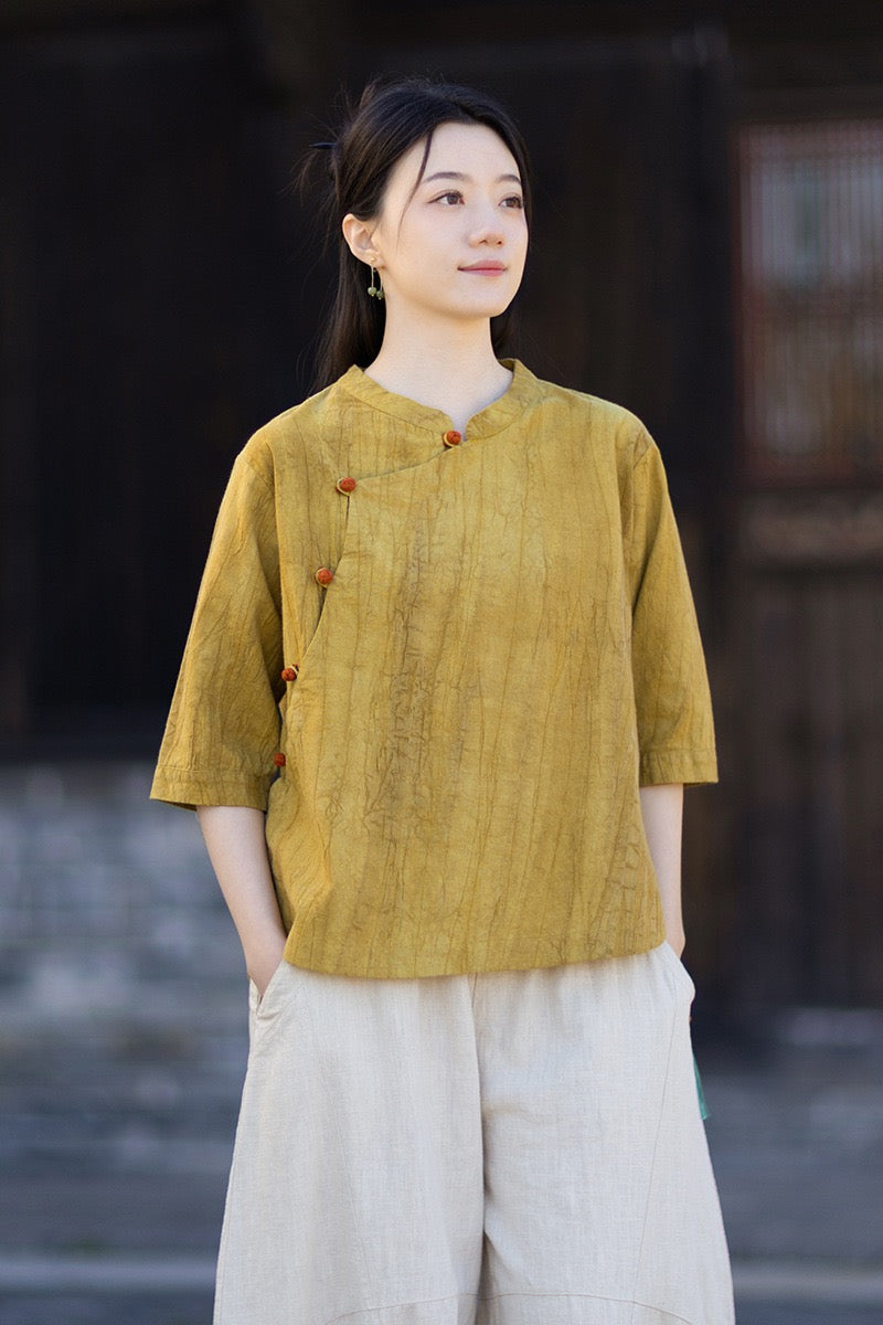 Tao One Tech™ • Watercolour Gradient Qigong Shirt • Nine-Quarter Sleeves • Tie-Dye Folds • Ramie Cotton