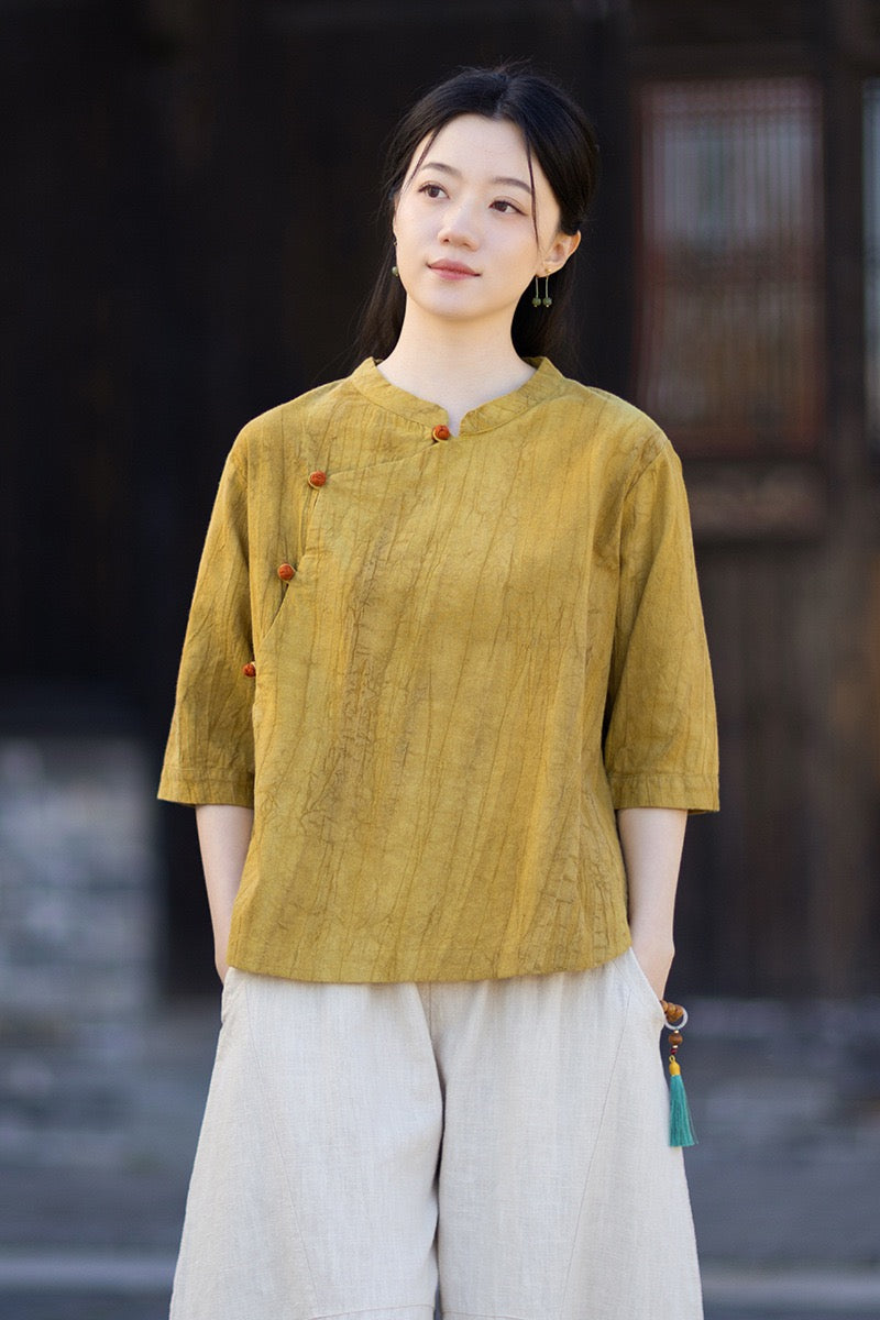 Tao One Tech™ • Watercolour Gradient Qigong Shirt • Nine-Quarter Sleeves • Tie-Dye Folds • Ramie Cotton