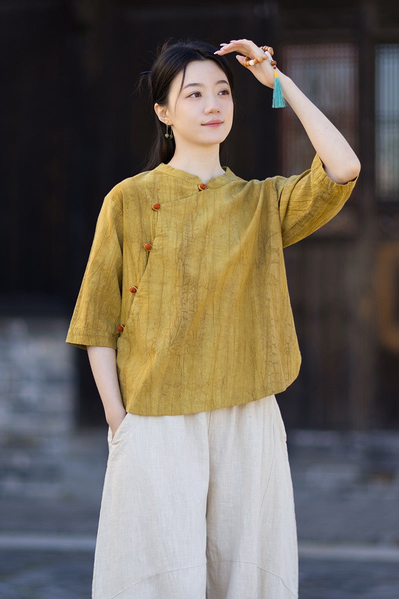 Tao One Tech™ • Watercolour Gradient Qigong Shirt • Nine-Quarter Sleeves • Tie-Dye Folds • Ramie Cotton