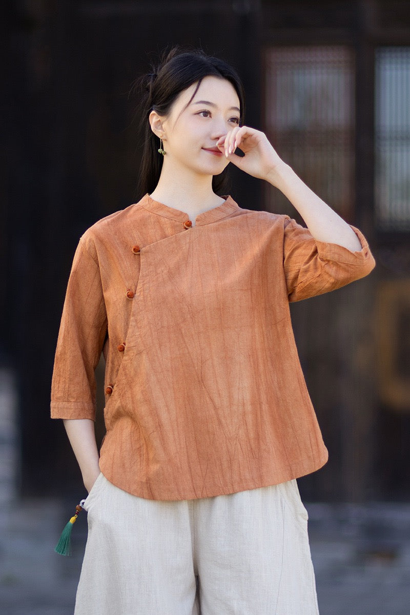 Tao One Tech™ • Watercolour Gradient Qigong Shirt • Nine-Quarter Sleeves • Tie-Dye Folds • Ramie Cotton