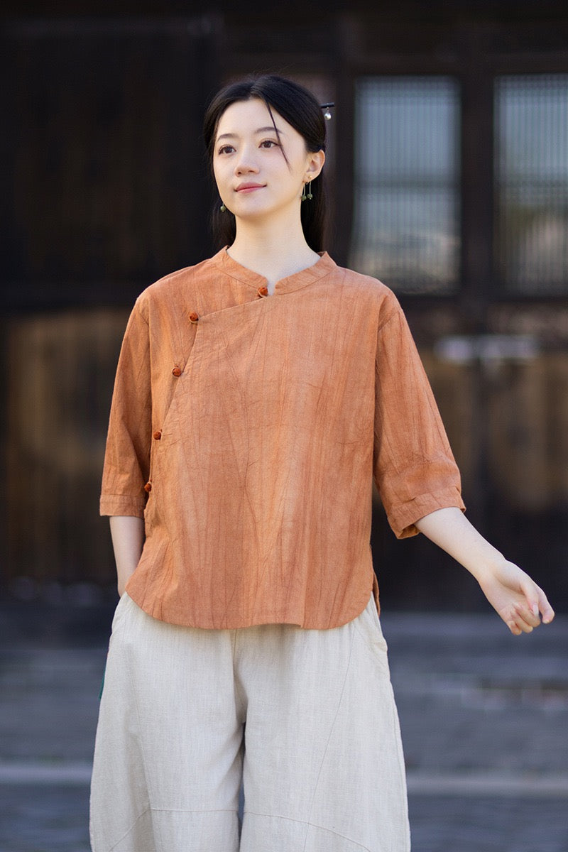Tao One Tech™ • Watercolour Gradient Qigong Shirt • Nine-Quarter Sleeves • Tie-Dye Folds • Ramie Cotton