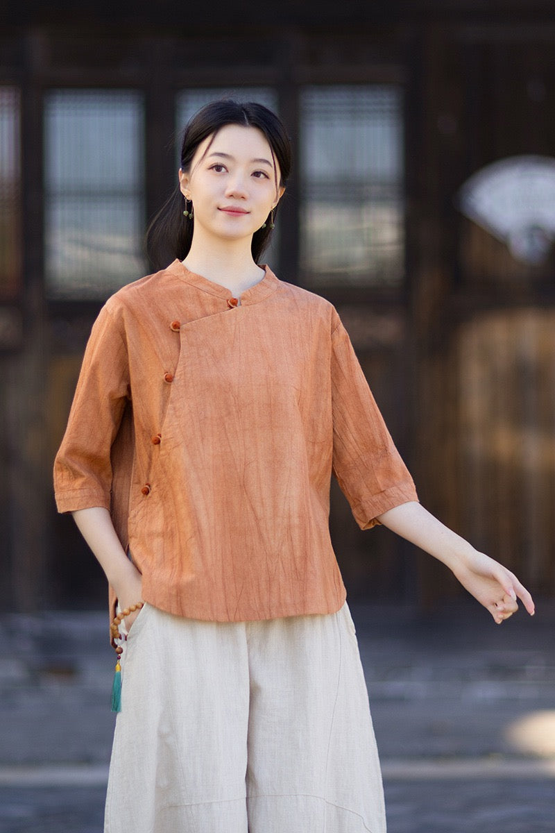 Tao One Tech™ • Watercolour Gradient Qigong Shirt • Nine-Quarter Sleeves • Tie-Dye Folds • Ramie Cotton