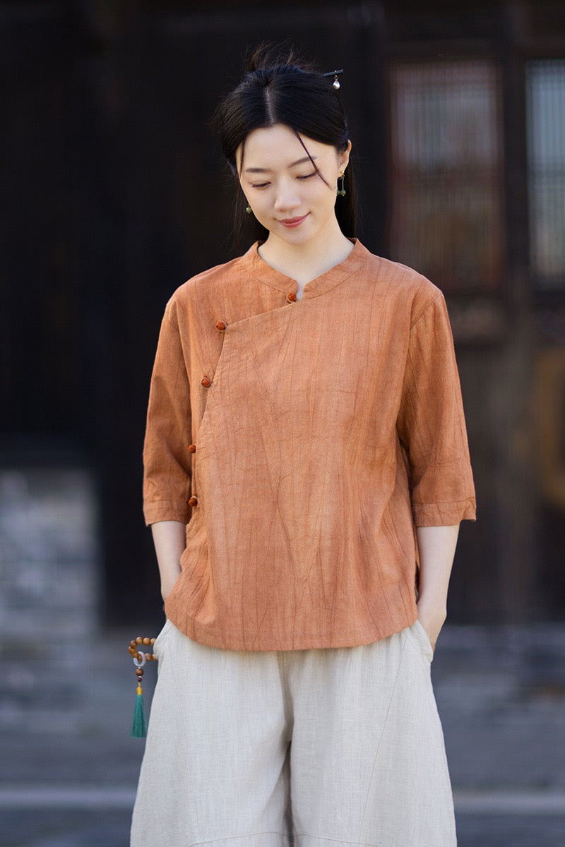 Tao One Tech™ • Watercolour Gradient Qigong Shirt • Nine-Quarter Sleeves • Tie-Dye Folds • Ramie Cotton