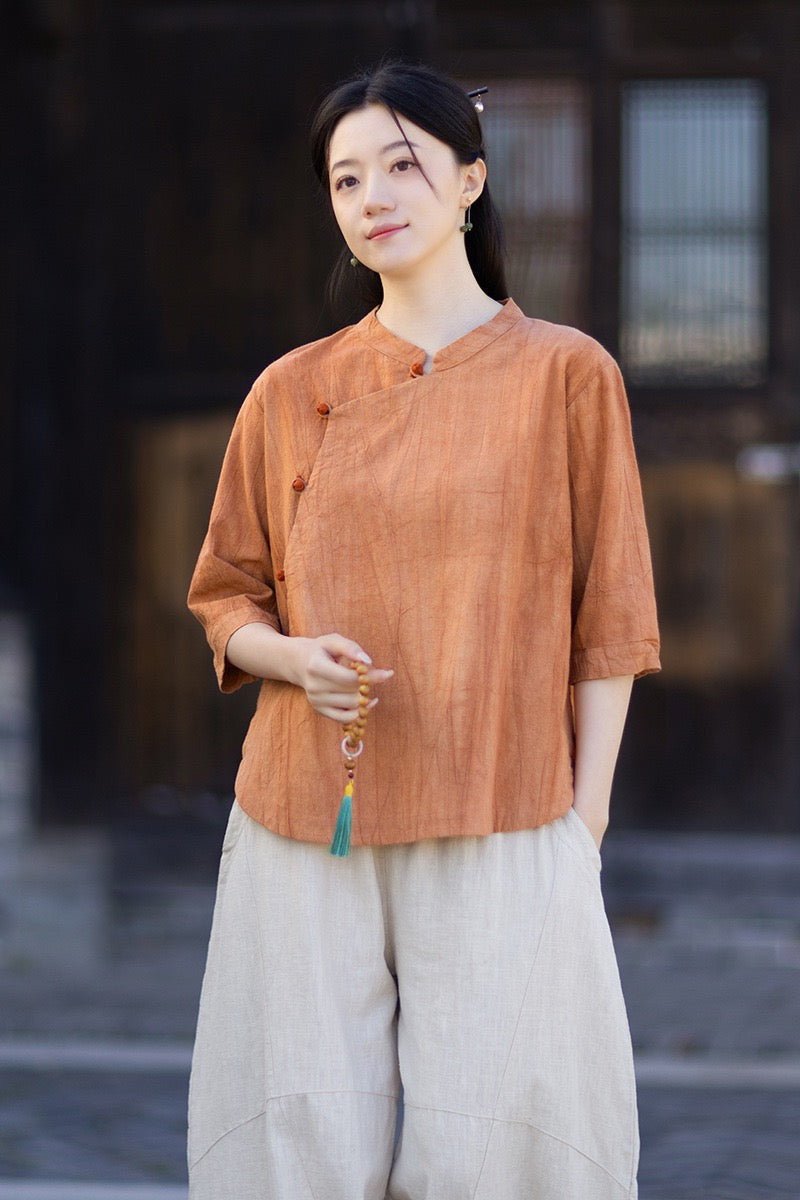 Tao One Tech™ • Watercolour Gradient Qigong Shirt • Nine-Quarter Sleeves • Tie-Dye Folds • Ramie Cotton