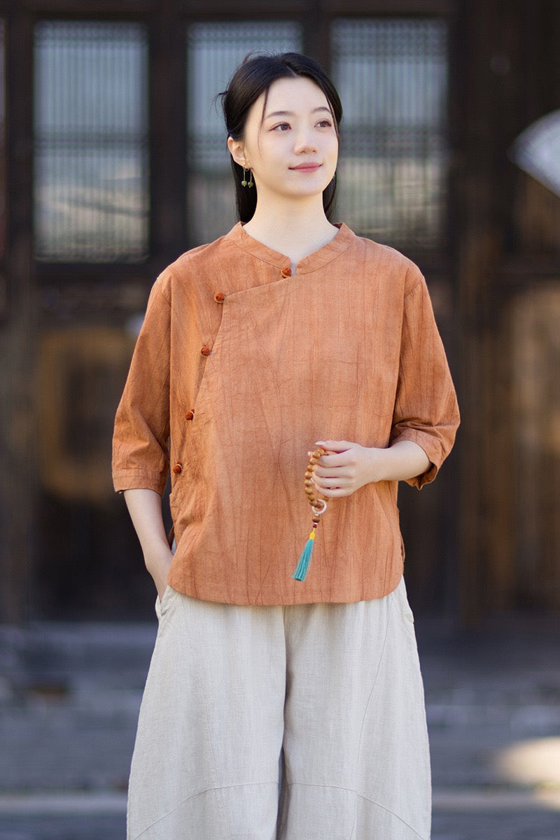 Tao One Tech™ • Watercolour Gradient Qigong Shirt • Nine-Quarter Sleeves • Tie-Dye Folds • Ramie Cotton