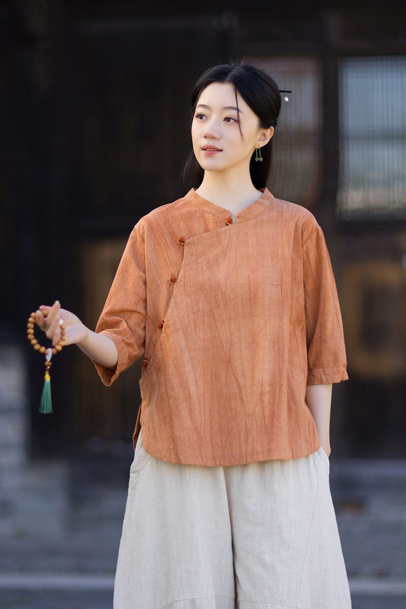 Tao One Tech™ • Watercolour Gradient Qigong Shirt • Nine-Quarter Sleeves • Tie-Dye Folds • Ramie Cotton