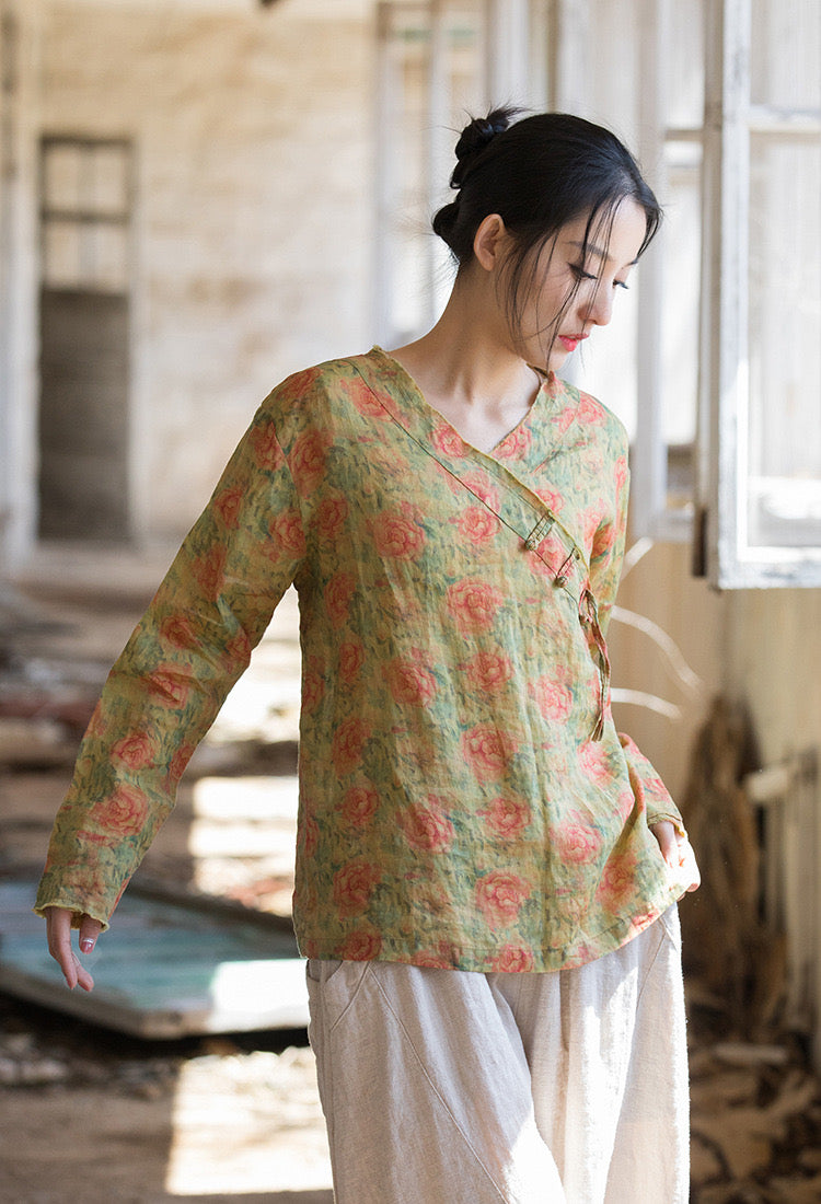 The Dao 道 of Zen Floral Roses Robe Top • V-Neck • Watercolour Paint Art • Linen Ramie Sunscreen Layer • Flowy Qi, Breathable, Durable