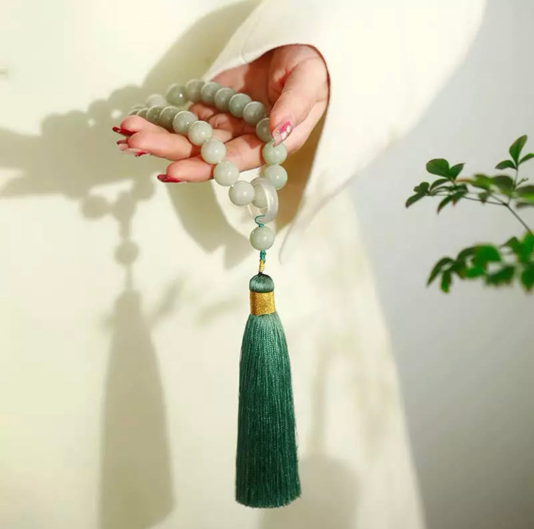 The Dao 道 of Zen Jade Mala Tassel Bracelet • Meditation, Energy Flow, Soothing • Includes Premium Gift Box