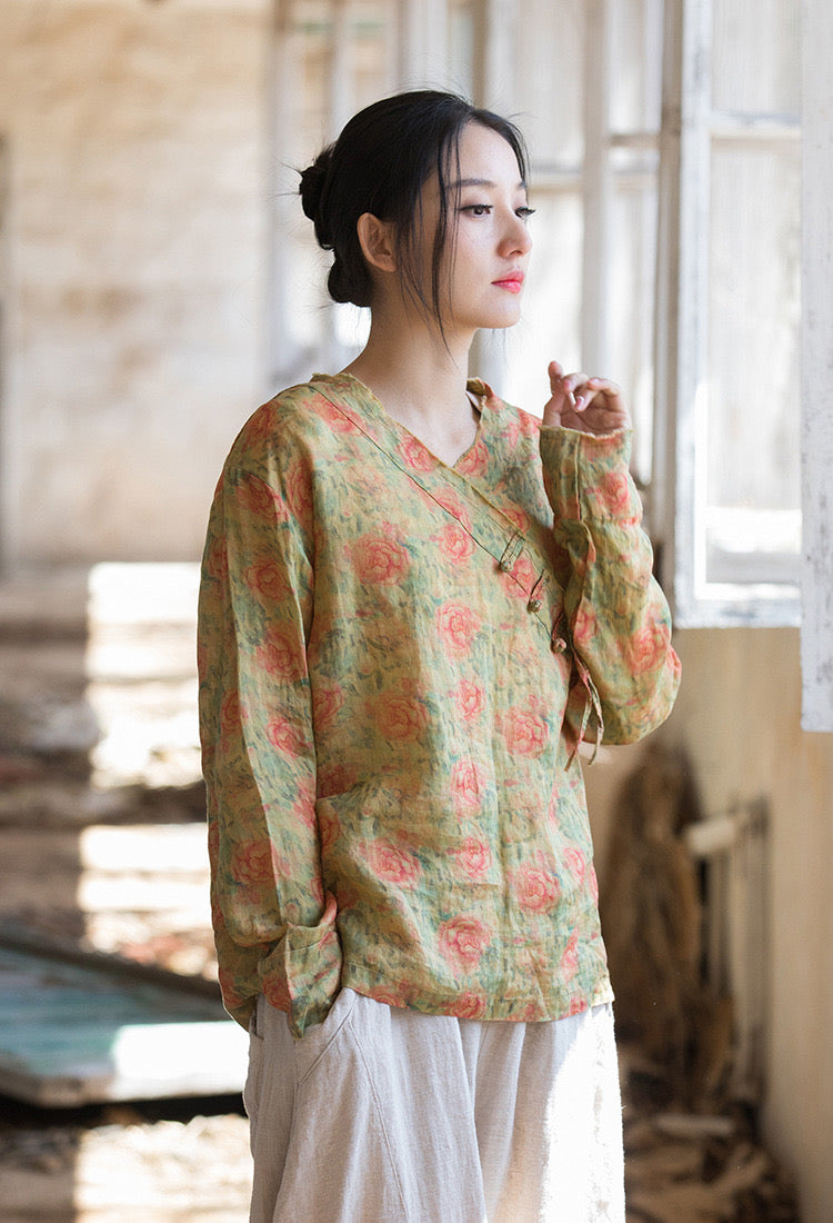 The Dao 道 of Zen Floral Roses Robe Top • V-Neck • Watercolour Paint Art • Linen Ramie Sunscreen Layer • Flowy Qi, Breathable, Durable
