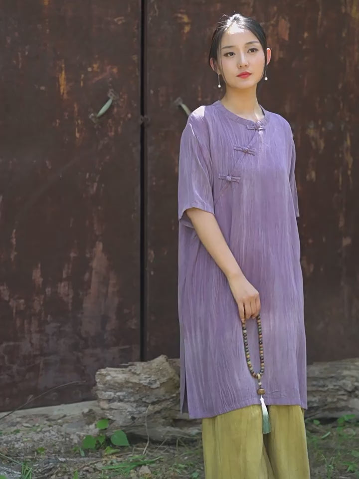 Tao One Tech™ • Zen Qigong Tea Cheongsam Robe Dress • Gradient Tie Dye • Sunscreen Layer • All Season Layer • Chinoiserie • Tencel Lyocell Linen