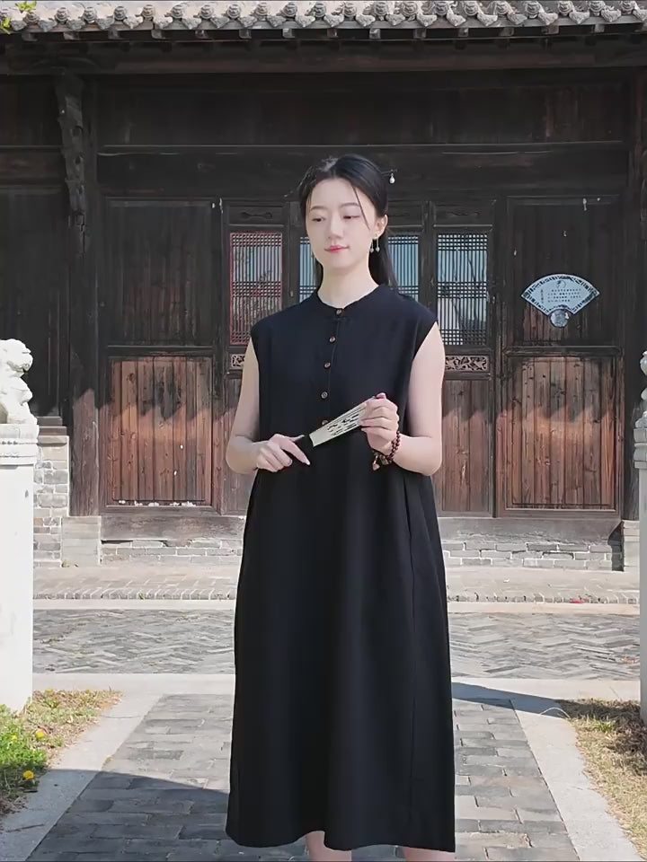 Tao One Tech™ • Business Qigong Cheongsam Dress • Minimal Style • Chinoiserie • Zen Midi Dress • Tech Pockets • Ramie Cotton
