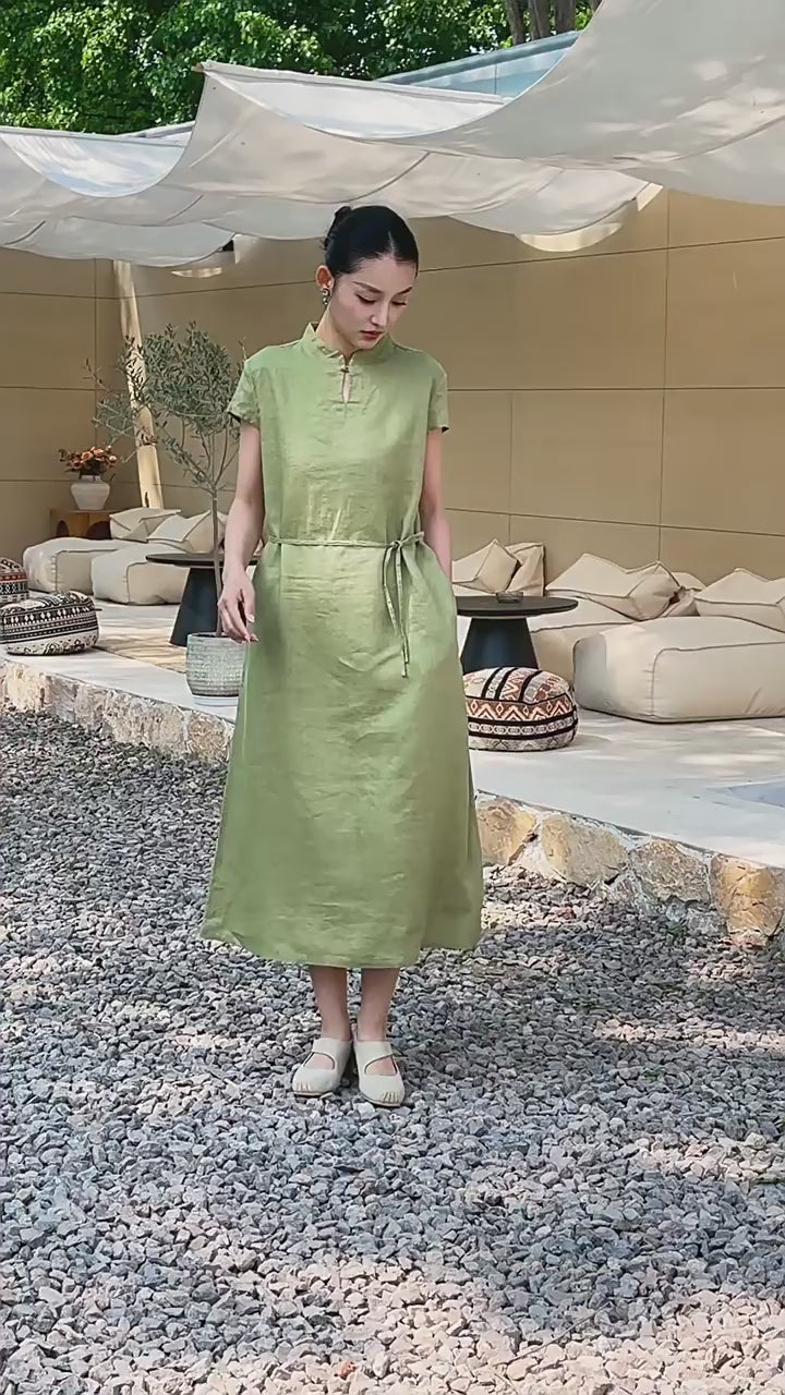 Tao One Tech™ • Elegant Classic Cheongsam Dress • Business Qigong • Long Dress • Tech Pockets • Chinoiserie • Premium Linen • Sizes M-XXL