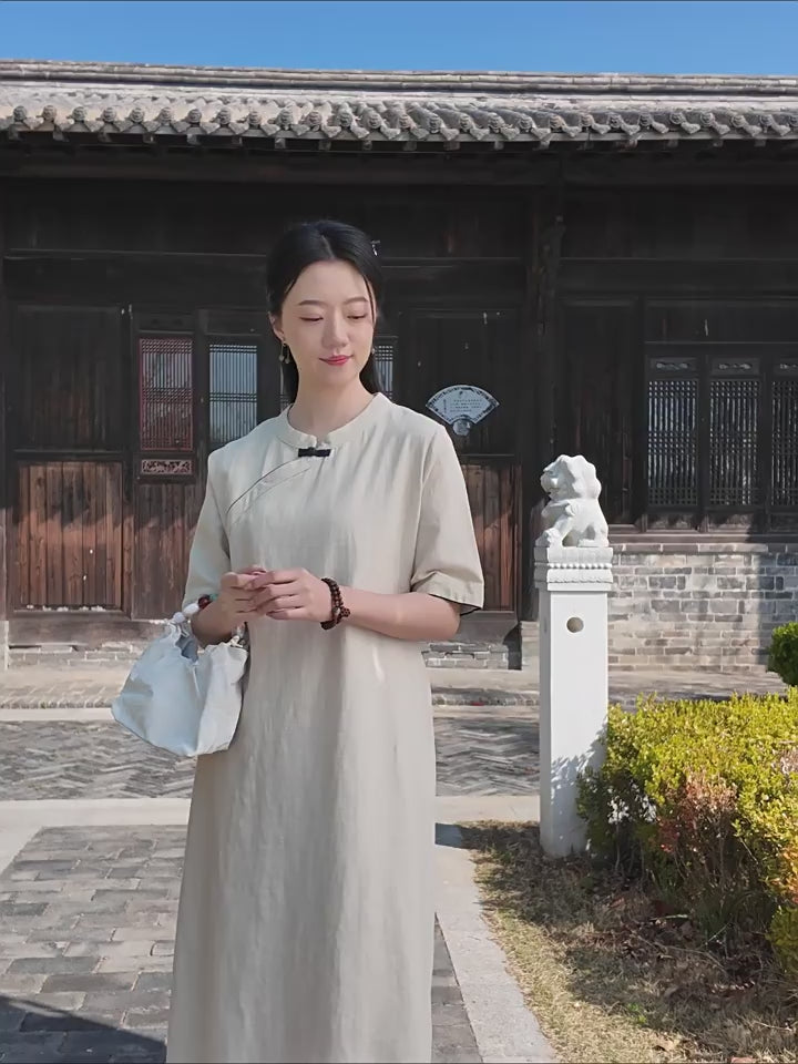 Tao One Tech™ • Business Qigong Cheongsam Dress • Chinoiserie • Long Dress • Tech Pockets • Ramie Cotton