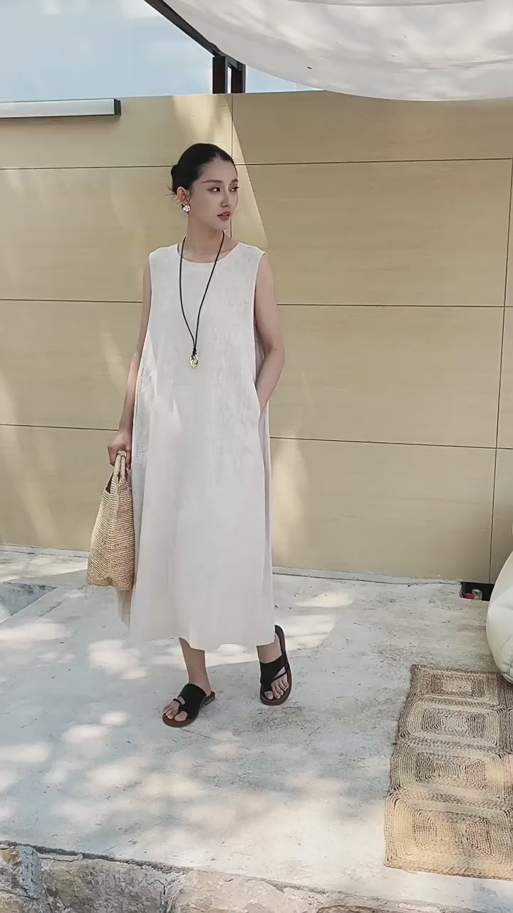 Tao One Tech™ • Qi Flow Lotus Cheongsam Dress • Business Qigong • Sleeveless • Long Dress • Tech Pockets • Chinoiserie • Premium Ramie Cotton • Sizes M-XXL