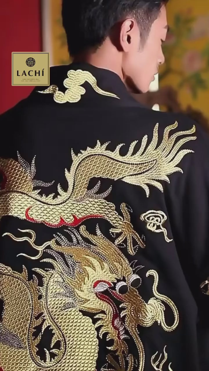 Tao Double Tech™ • Yang • Tao Golden Dragon Kimono Coat • Golden Ratio Tailoring • Thermal Double-Layer • High Vibrational Art • Handmade Dragon Embroidery