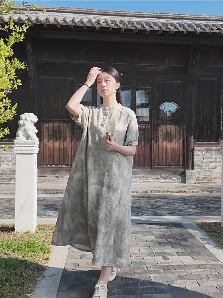 Tao One Tech™ • Qigong Elegance Dress • A-Line • Bubble Sleeves • Sunscreen Layer • Ramie Cotton