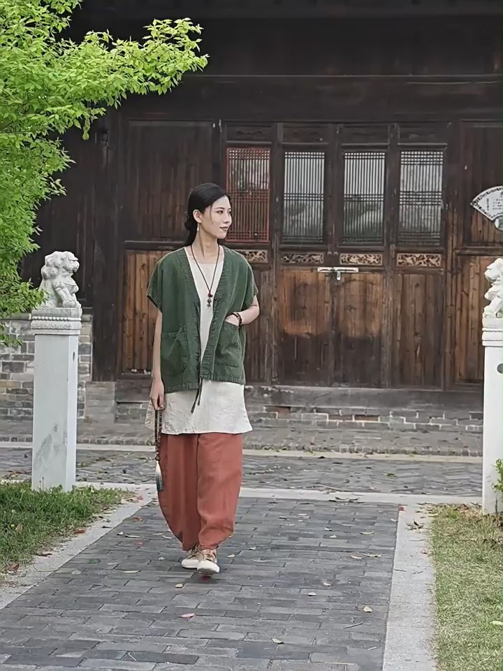 Tao One Tech™ • Zen Business Qigong Hanfu Kimono Vest • Tech Pockets • All Season Layer • Chinoiserie • Ramie Cotton