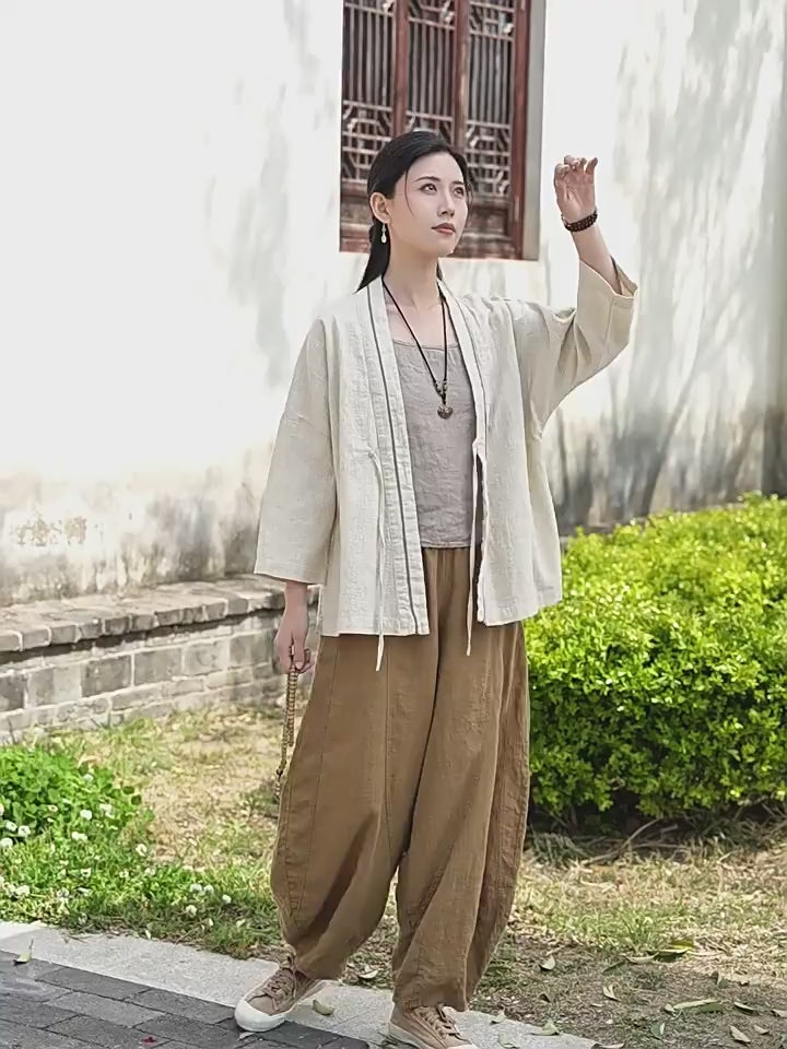 Tao One Tech™ • Zen Business Qigong Tea Hanfu Kimono • Cardigan Jacket • Sunscreen Layer • All Season Layer • Chinoiserie • Ramie Cotton
