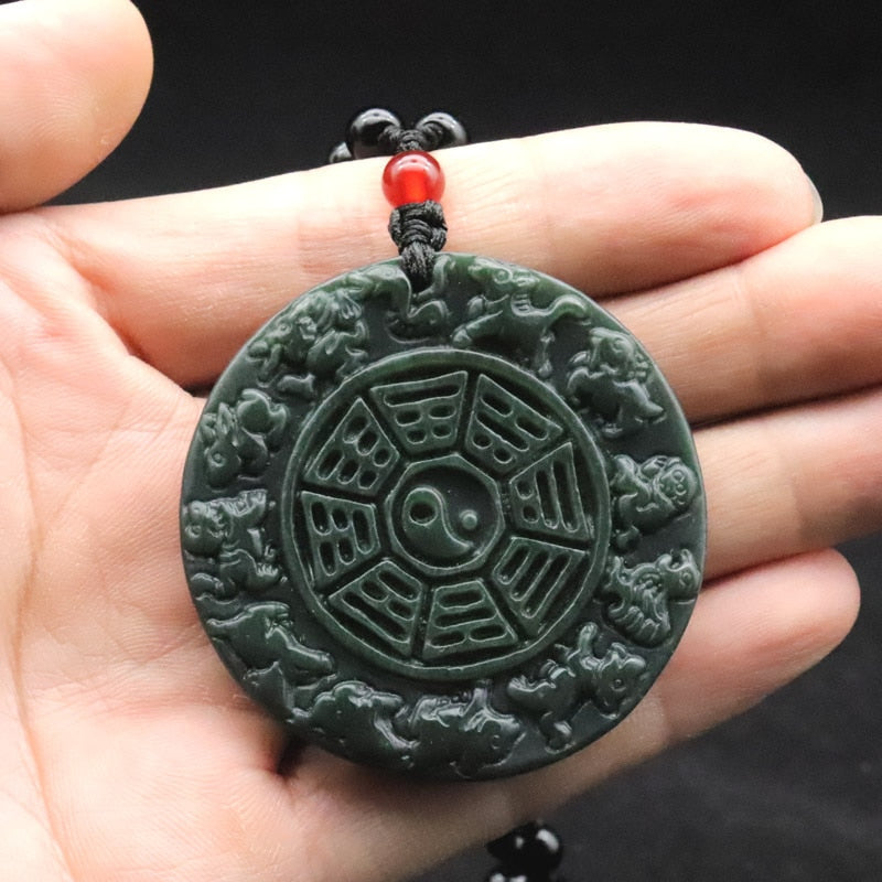 Yin Yang Jade Necklace • with Tiger Eye & Obsidian Chain • Bagua Zodiac • Authentic Hetian Qingyu Jade • Abundance, Energy Flow, High Frequency