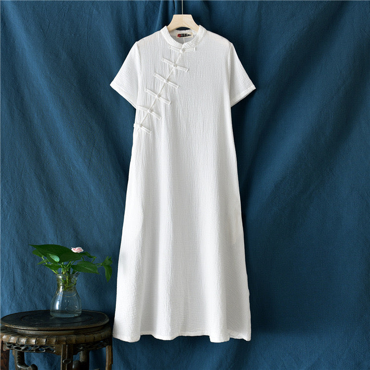 Heaven & Earth Qipao Dress • Cheongsam 旗袍 • Linen Dress • Short-Sleeves • Pockets