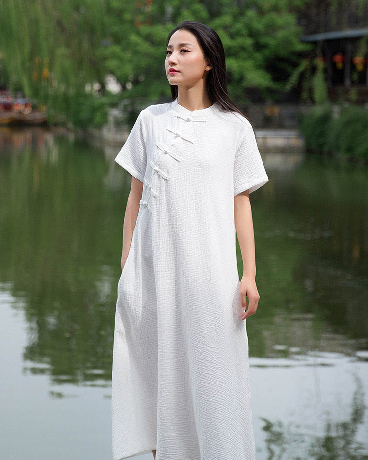 Robe Qipao Heaven &amp; Earth • Cheongsam 旗袍 • Robe en lin • Manches courtes • Poches