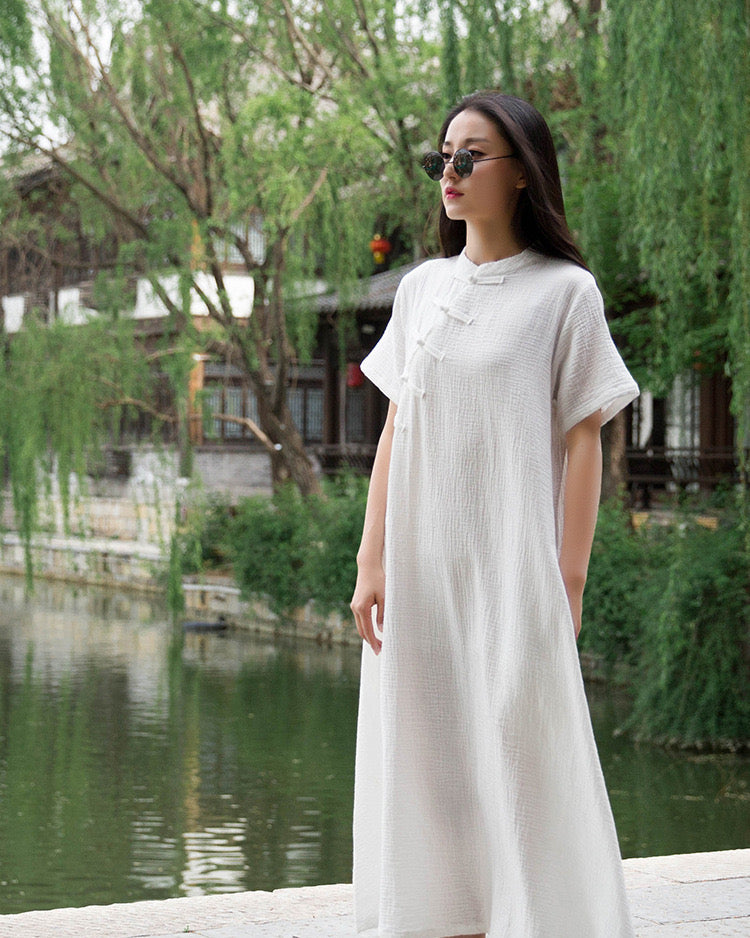 Heaven & Earth Qipao Dress • Cheongsam 旗袍 • Linen Dress • Short-Sleeves • Pockets