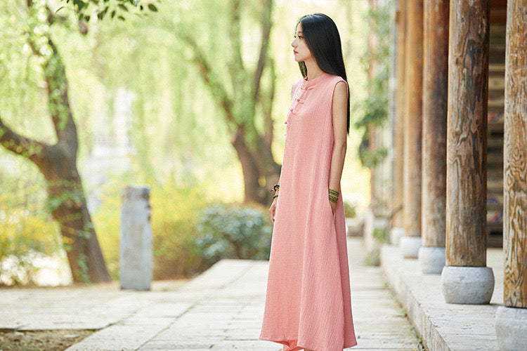 Robe Qipao Tank Heaven &amp; Earth • Cheongsam 旗袍 • Robe classique en lin • Sans manches • Poches •