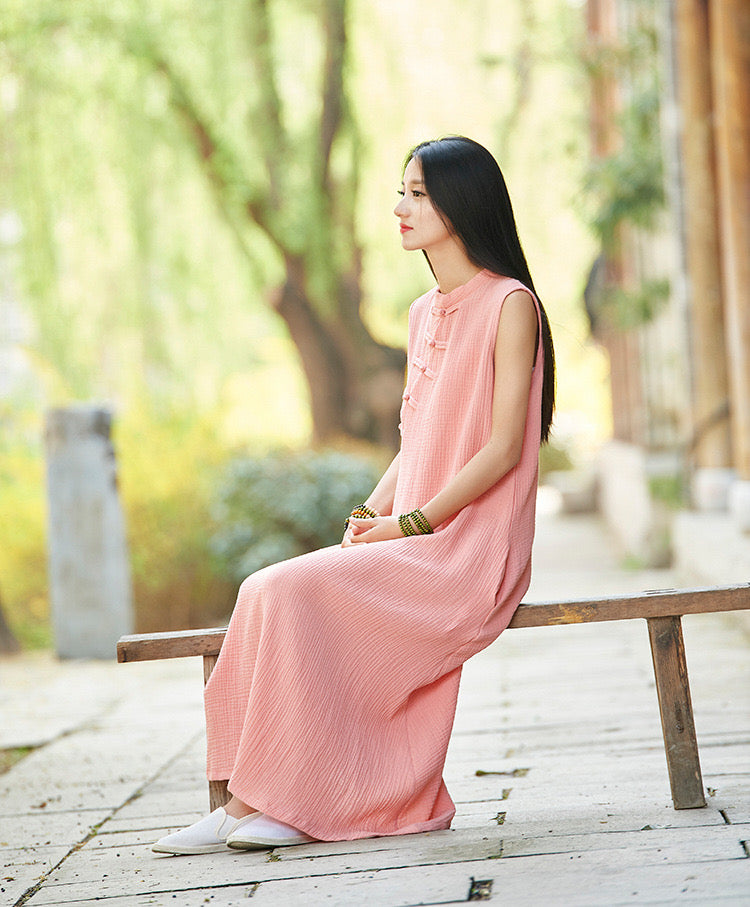 Heaven & Earth Tank Qipao Dress • Cheongsam 旗袍 • Classic Linen Dress • Sleeveless • Pockets •