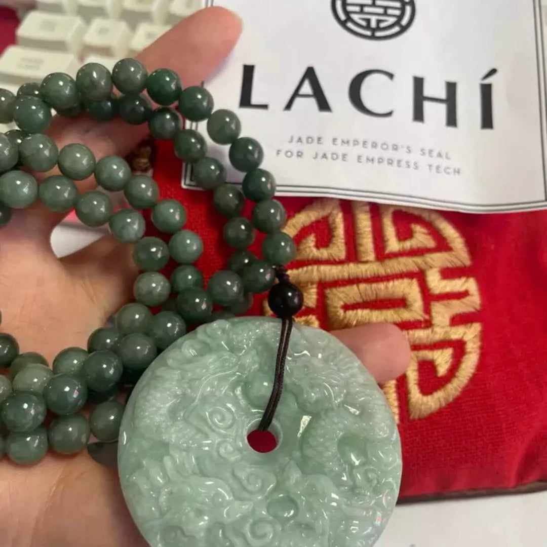 ䷙䷕ The Dao 道 of Yang Dragon Jade Safety Buckle Necklace and Bracelet Set • Double-Side Dragon Carving with Jade Spiral Chain • 9 Dragons Playing with Pearl