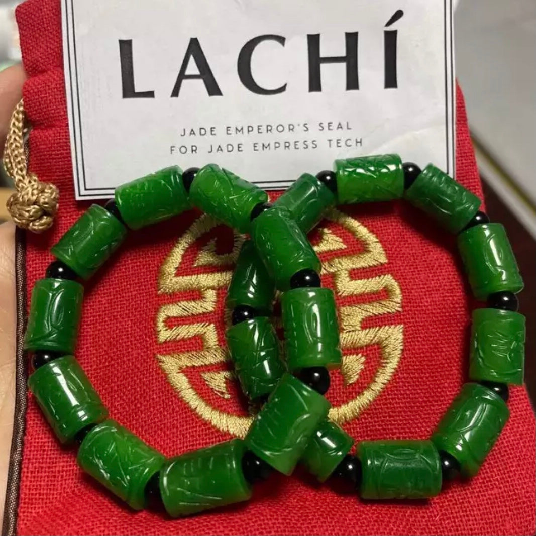 ䷶ Bracelets d'abondance de jade • Paire • Anciennes sculptures de jade rayonnantes avec des perles d'obsidienne pour transformer le négatif en positif