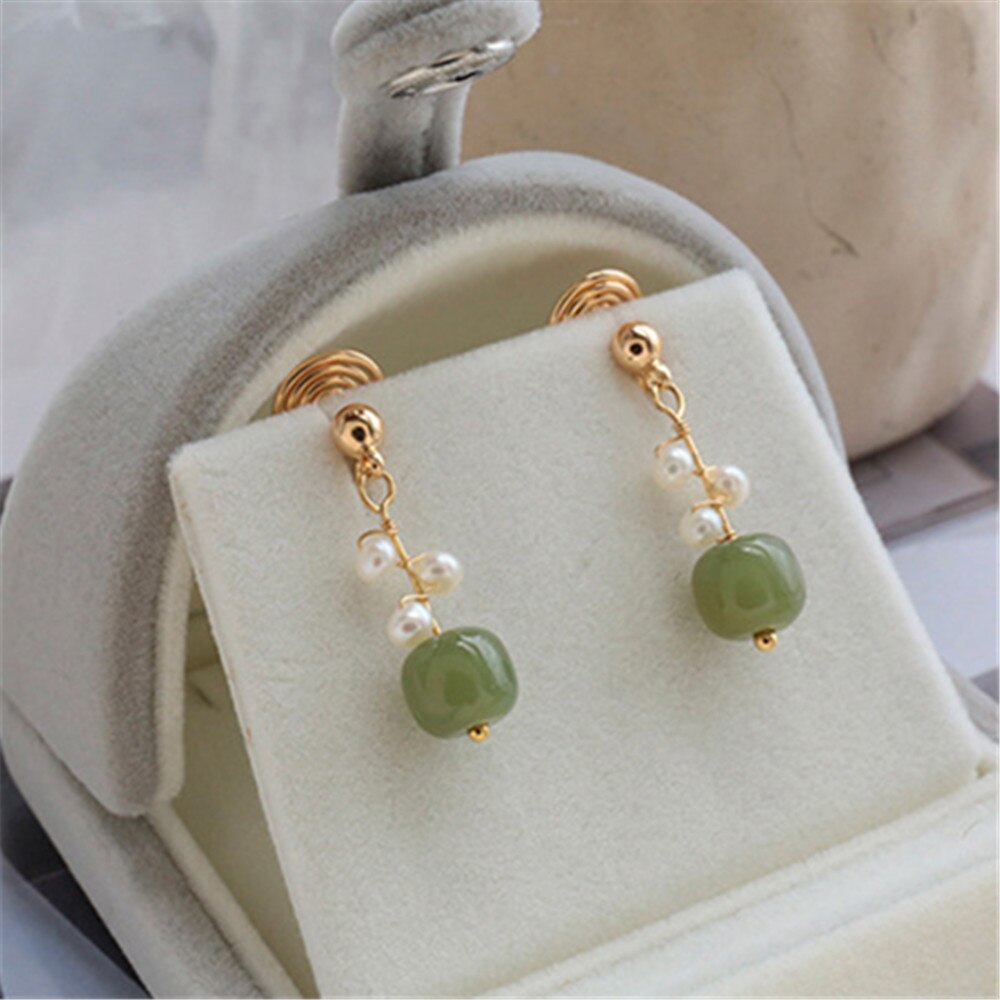 Trinity Jade Pearl Earrings • 14K Gold Plate • High Quality Hetian Jade & Trinity Pearls • Elegant Ear Clip Style & Silver Needle Style