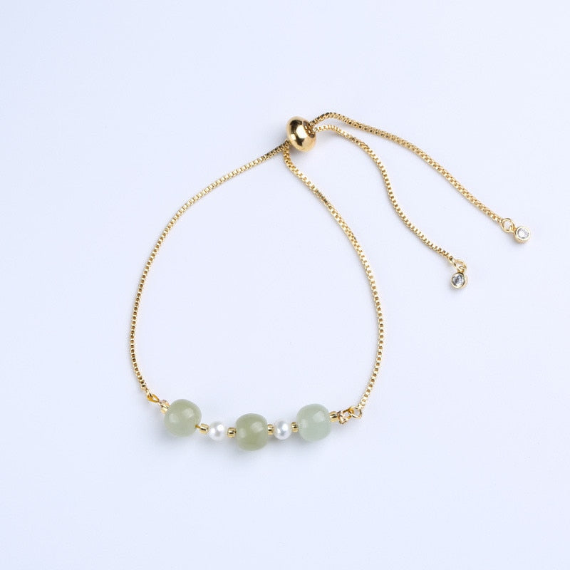 Trinity Jade Pearl Bracelet • Adjustable • High Vibe Copper • 14K Gold Plate Chain