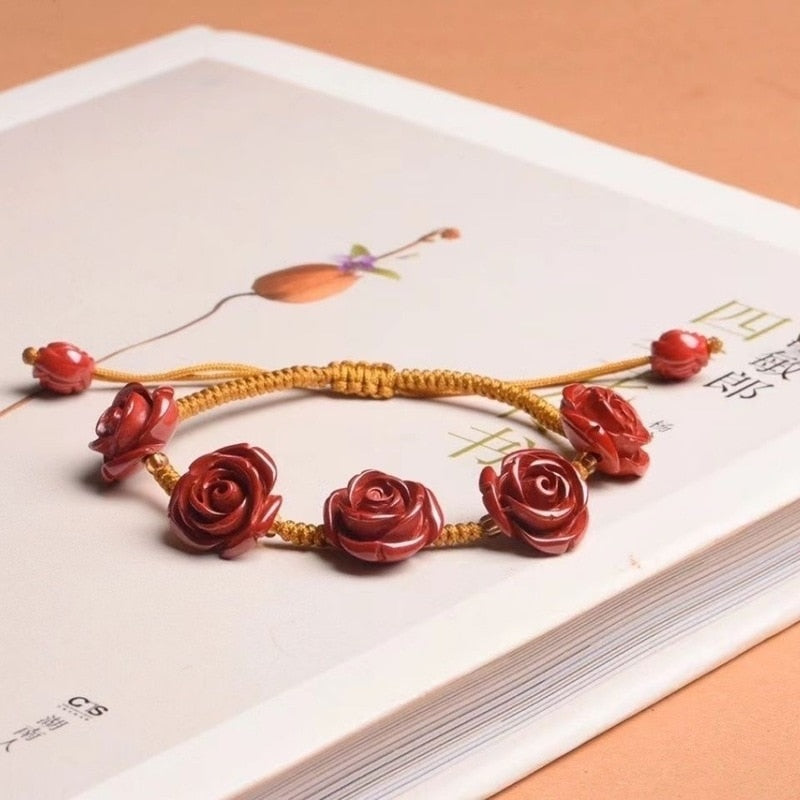 Cinnabar Jade Rose Bracelet • 5 Elements of Roses • Hand Weave Knots & Rose Carvings