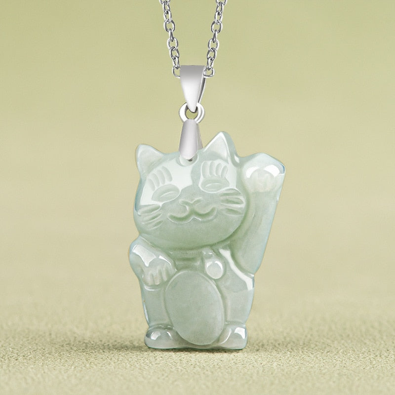 Jade Fortune Cat Necklace • Emerald Burmese Jade • 925 Silver Chain