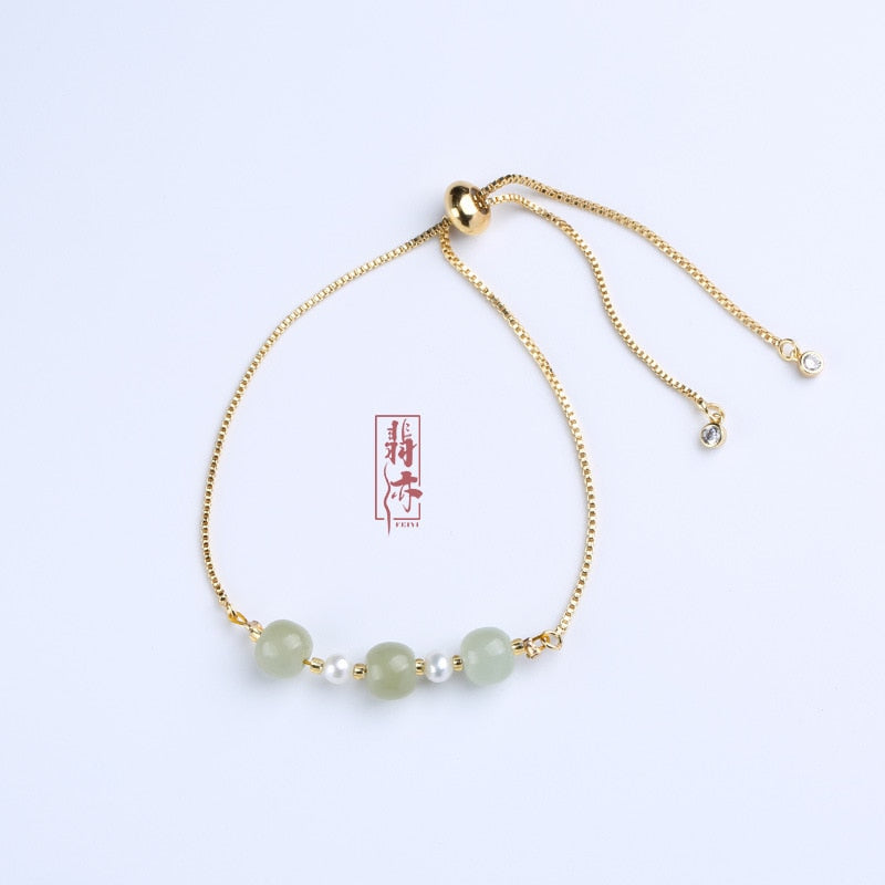 Trinity Jade Pearl Bracelet • Adjustable • High Vibe Copper • 14K Gold Plate Chain